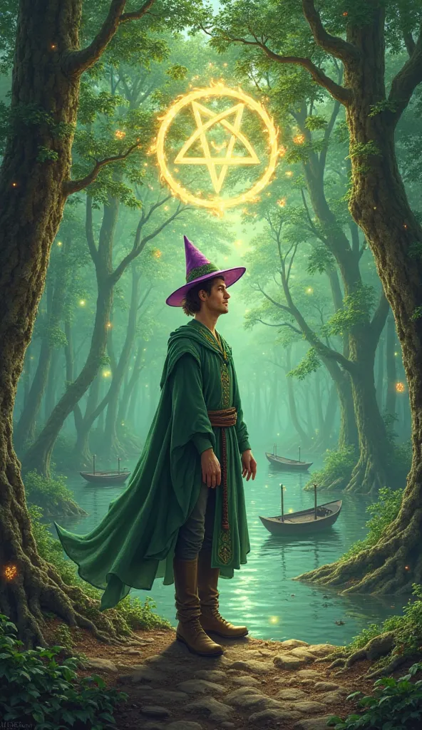 The card is made in fantasy style 

The centerpiece is a magical green forest , ancient magical green trees  , you can see a lake with 2 ships behind the man .
standing in the center of the forest . A man of 25 years old . Он  is worth на одной ноге на кам...