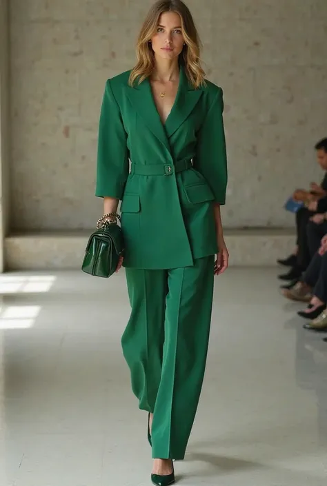 A custom green Balenciaga jumpsuit, perfectly tailored.
	•	Shoes: Pointed-toe Saint Laurent heels, giving “boardroom billionaire”.
	•	Bag: A limited-edition Chanel mini flap bag in emerald green.
	•	Vibe: “Effortless power, effortless dominance.”