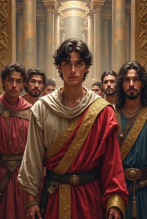 Daniel, a young Jew , is standing at the court of King Nebuchadnezzar II, surrounded by his friends and captive companions. They are dressed in fine clothes and are being trained to serve the king.