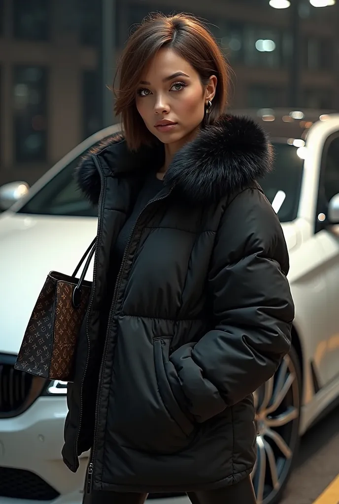 Woman in a black fur puffer jacket with a Louis Vuitton bag . In front of a white BMW  . Il fait noir . short hair color brown hair color brown green eyes  .  Realistic Real Beautiful Women 