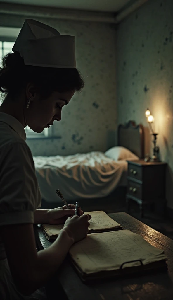 "Point of view shot of a dimly lit hospital room during the Spanish flu pandemic in 1918. In the foreground, a nurse writes in a worn notebook, her hands trembling, as the sound of distant coughing echoes. A bed is visible in the background, with a body co...