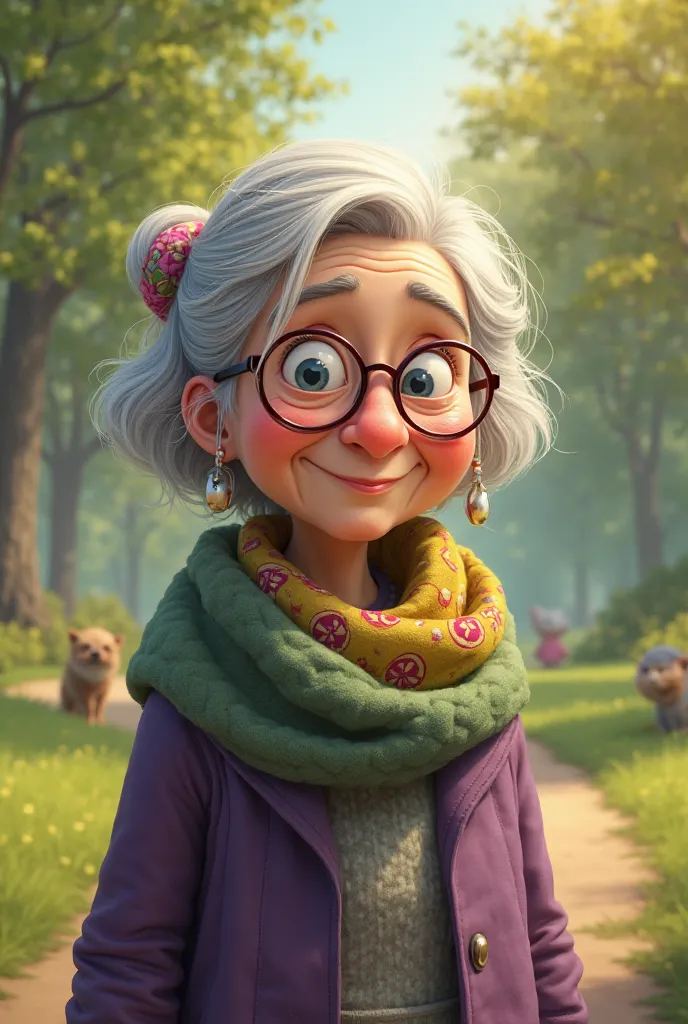 , ,  is an old woman with glasses and scarves on, She wears a purple coat, a cover over her hair, and a green shawl, Standing in the park in the style of a Disney Pixar cartoon 