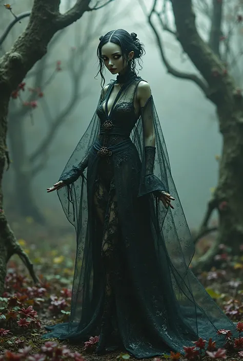 Create a fashionable figurine inspired by a haunted forest, That has a structure, And flamboyant , sexy,  transparency . black colors, Dried Blood Red, greens, grayish blue, yureis