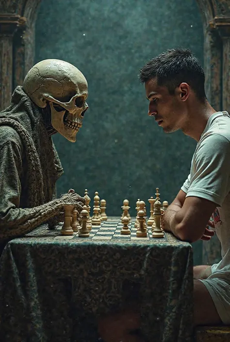 Please design a picture of a skeleton playing chess with Cristiano Ronaldo 