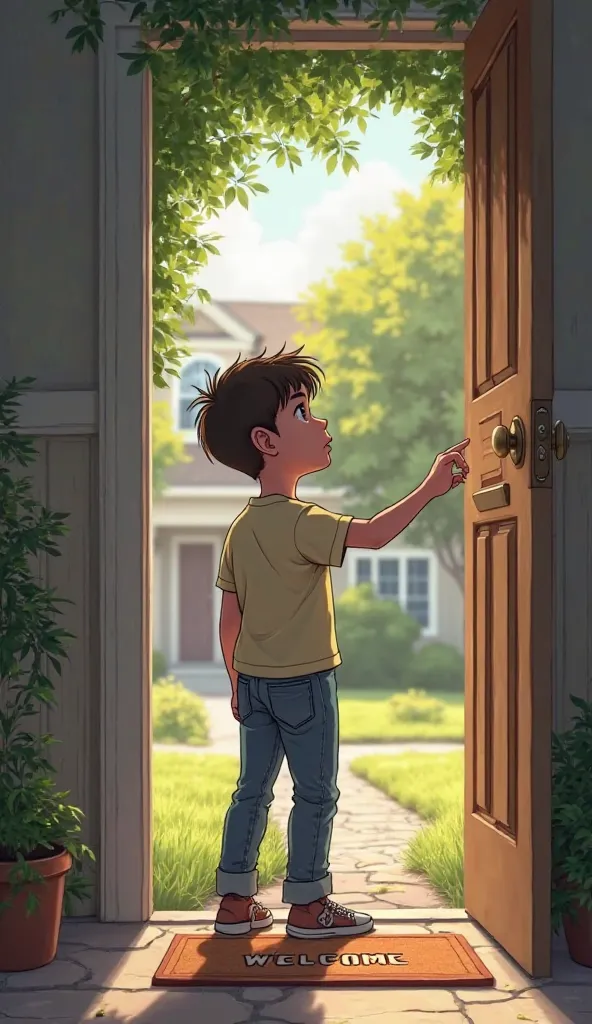 Boy ringing a door bell 