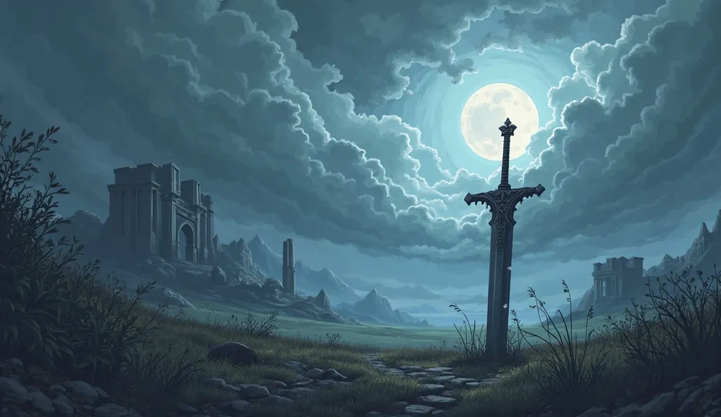  under a stormy sky , deep in a forgotten valley, a colossal and ancient sword lies stuck in the ground, as if it had fallen from the sky. Your blade , dark and time-worn, radiates a faint spectral glow, as the clouds slowly revolve over it, as if it still...