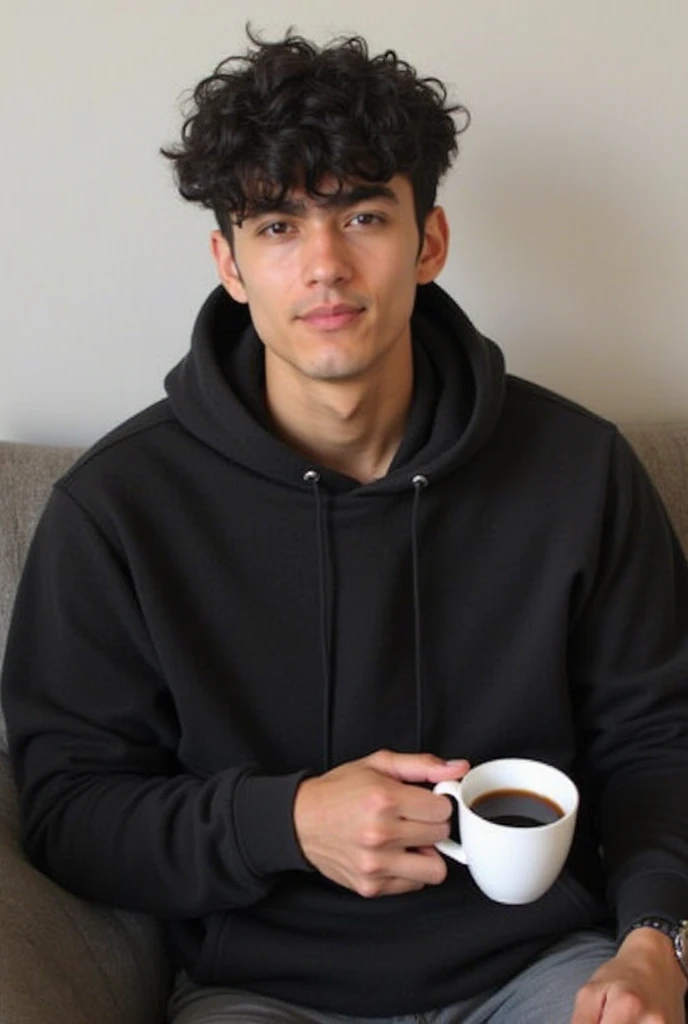 A 20-year-old male sitting on a couch with a neutral expression. He is wearing a black hoodie and holding a cup of coffee in his hand. His hair is black, and his skin tone is natural. The background is simple.
