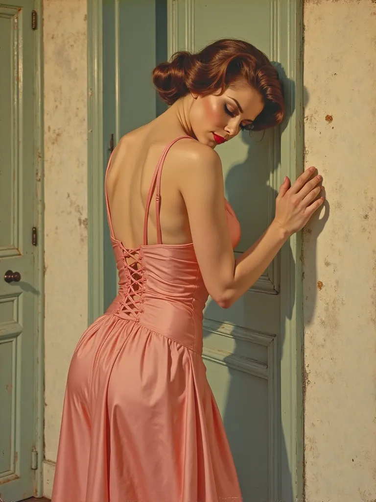 (1950s housewife:1.2), leaning over and wearing dress, small , downblouse, nipslip, Ad Americana Style, vintage painted advertisement, retro 1950's style, (erect nipples:1.2),  falling out of dress, Large breasts, 