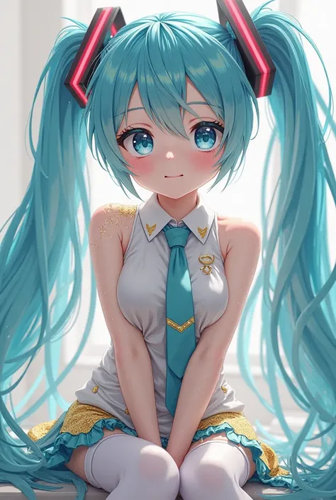  Hatsune Miku,((masterpiece)), (Highest quality), ( exhaustive), (1 person), (Internal Data Stream) light blue gradation hair, Sparkling blue eyes,  straight hair , Wearing a modern white shirt and golden dress,  covered with data particles , Locked around...