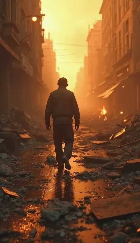 Ultra-realistic first-person image of someone walking slowly through the wreckage of Hiroshima shortly after the outburst. The visible hands are covered in dust and small cuts. The floor is littered with debris, burnt pieces of wood and broken tiles. Small...