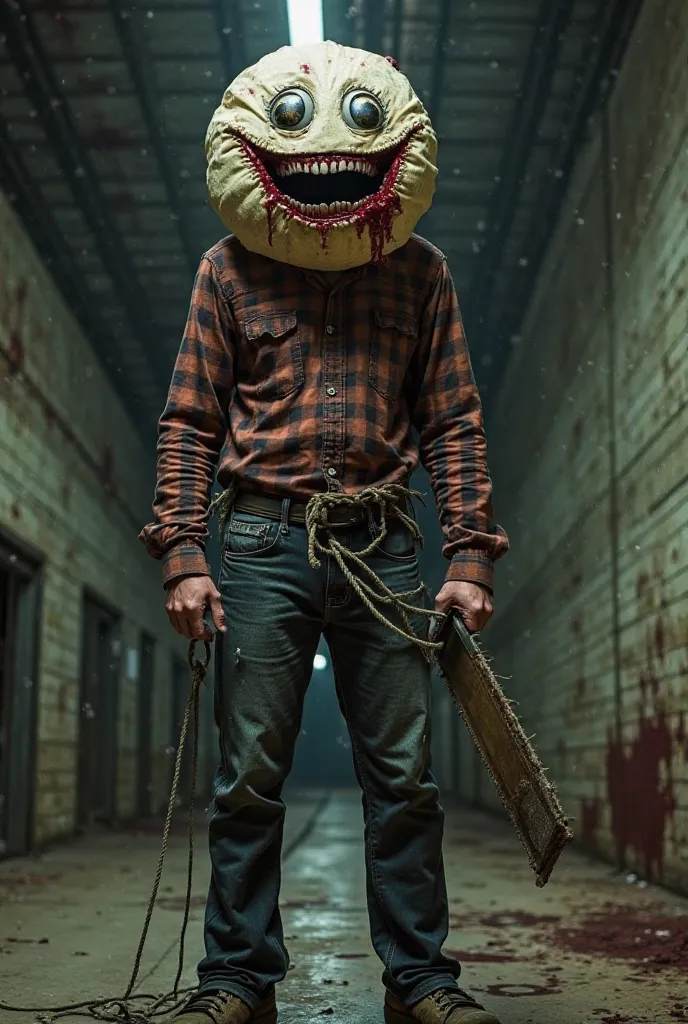 A tall man in a blood-stained plaid shirt, holding a rope and a saw, and carrying a circular bag with two staring, scary eyes. The bag is bloody and the opening of its mouth is torn like a scary smile.  The bag is pulled over the man's head, his clothes ar...