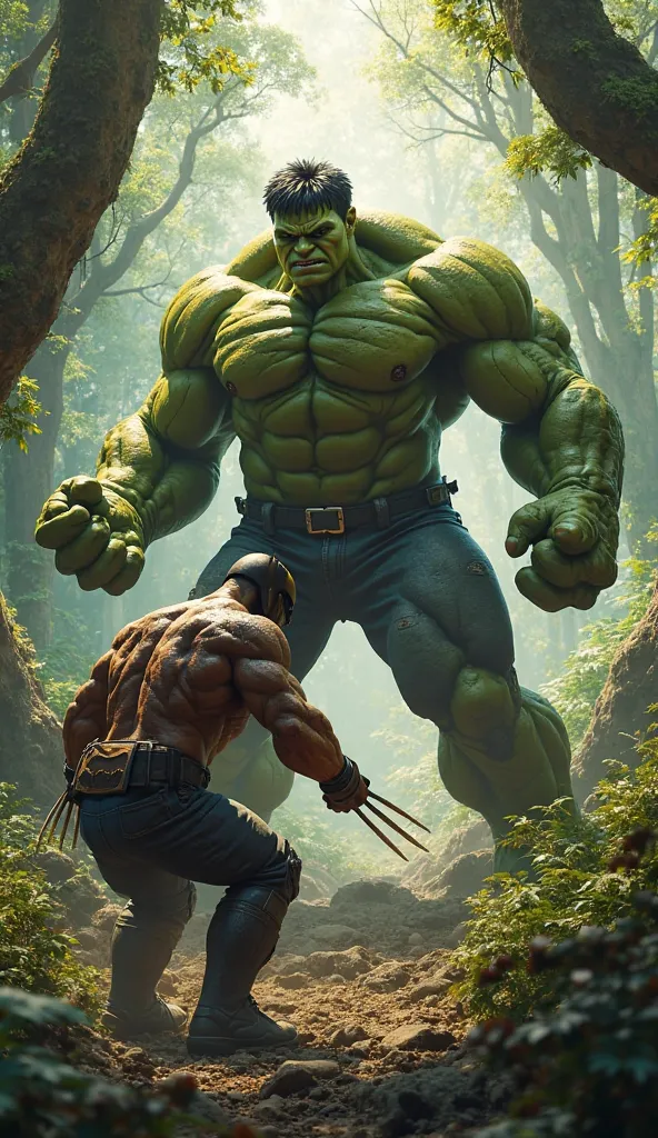 hulk facing wolverine, in the background a forest