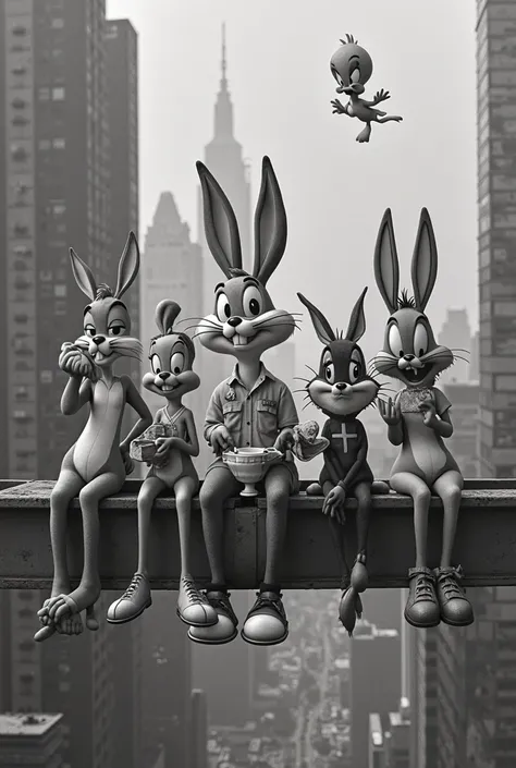   This image、Looney Tunes characters and iconic photographs of workers sitting on a suspended beam " with his legs down ".  each anime character and human A creative montage combining ,  with a black and white tone city in the background ,  emphasizing the...