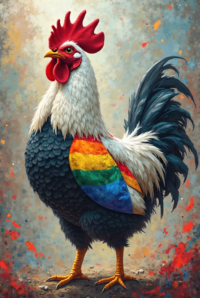 Create an image of a hen wearing an Argentinian river plate shirt and LGBT flag on her wing