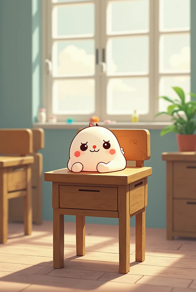 Chibi sitting on a school desk 