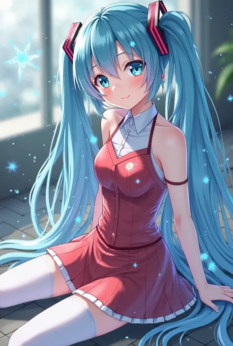  Hatsune Miku,((masterpiece)), (Highest quality), ( exhaustive), (1 person), (Internal Data Stream) light blue gradation hair, Sparkling blue eyes,  straight hair , Wearing a modern white shirt and red dress,  covered with data particles , Locked around th...