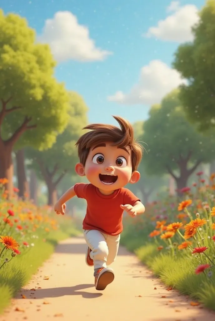 "Keyler, , boy, medium hair, light brown, excited facial expression, simple red shirt, simple white pants, running towards the park, colorful park background with flowers and trees, Pixar-style 3D animation."