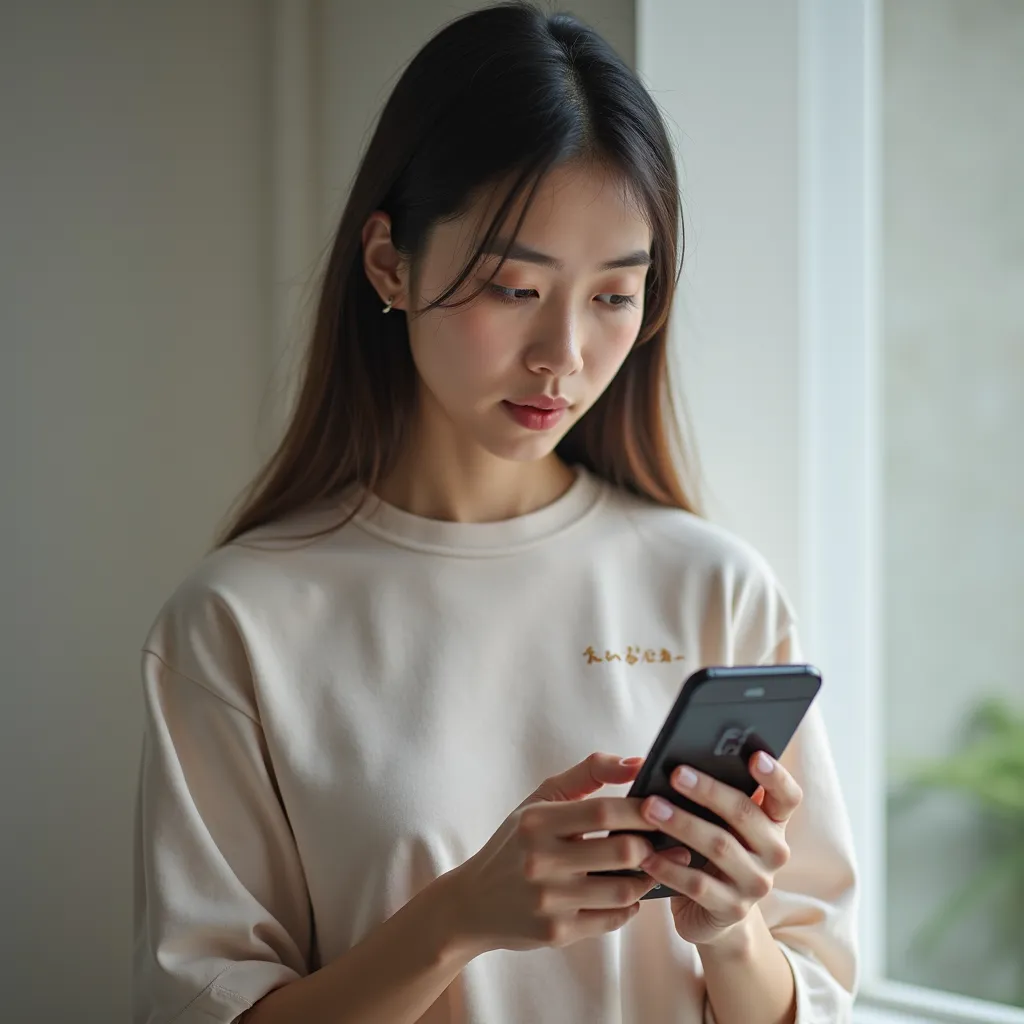 A person using a smartphone health app, checking heart rate and steps, minimal and clean design