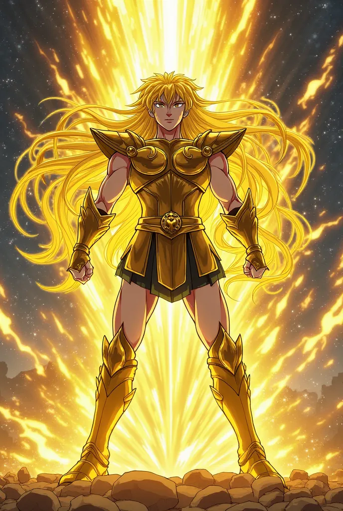 “A powerful and majestic warrior clad in golden armor, representing the Libra Gold Saint from the anime Saint Seiya (Knights of the Zodiac). He stands in an epic pose as his armor begins to transform, radiating an intense golden glow. His expression is fie...