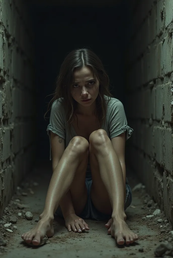 Beautiful  girl without dress, 20 years old, crying, sitting cellar,legs spead