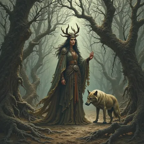 a scene reminiscent of the medieval era, with a pagan being, a hungry wolf among trees received and distorted with dry branches