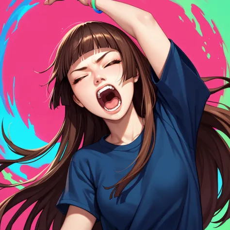 score_9, score_8_up, score_7_up, source_anime, 1girl, solo, eyes closed, yelling, one arm up, closed hand, brown hair, long hair, hime cut, hmcut, small breasts, cute, vibrant colors