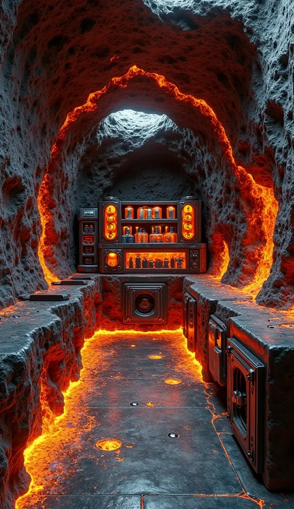 A futuristic utility room in a 200-square-meter house made entirely of molten lava material. The walls are crafted from cooled, black volcanic rock with glowing molten lava veins running through them, emitting an orange-red glow. The floor is polished obsi...