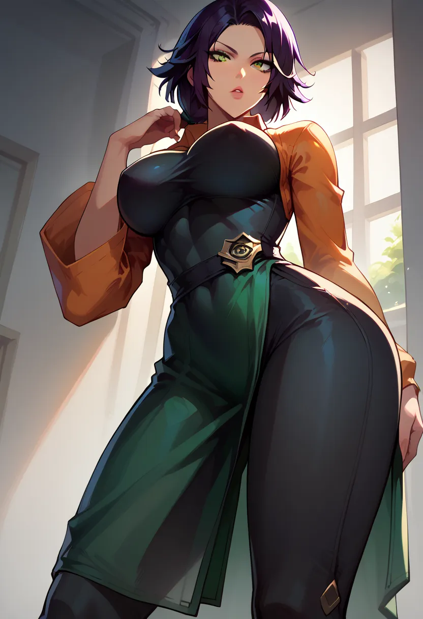 fubuki (one-punch man) black hair, short hair, tight green dress, long sleeves, collared dress, green eyes, perfect large breasts, view from below, sexy pose, dynamic angle Break, perfect lighting, shadows, yoruichi shihouin, long hair, yellow eyes, ponyta...