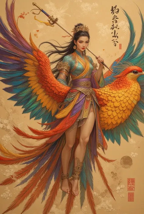 "Majestic Chinese goddess Jiutian Xuannü standing on a flying rainbow-feathered phoenix. Dynamic composition, semi-realistic Chinese style with golden shadows and prismatic reflections.

Goddess
Beautiful Asian face, determined expression

Exaggerated cont...