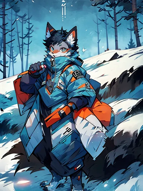 Black-haired furry fox on a snowy mountain