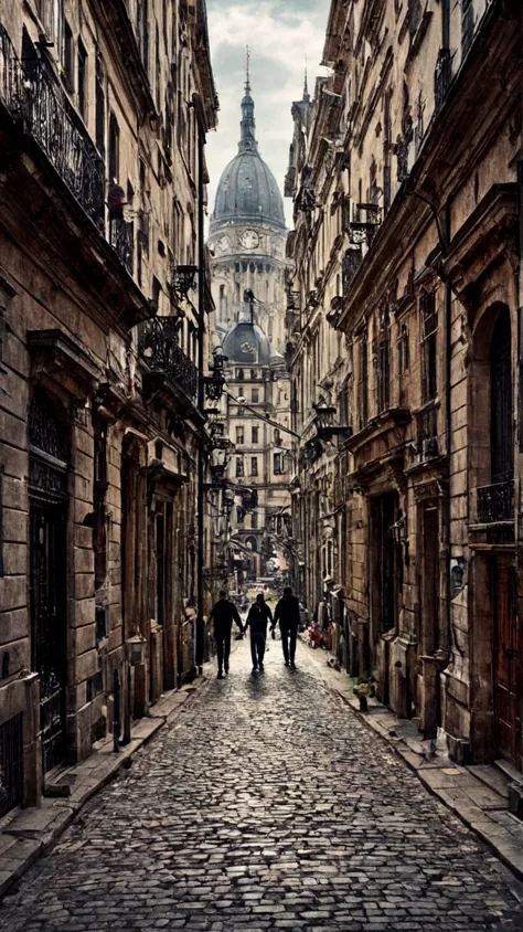 In the foreground is a city and botanized buildings. There is a road in the middle, and a family holding hands is walking along it. ahead of the road and the door opens to nature. , that is, there is a gate in the middle of the city, and this door leads to...