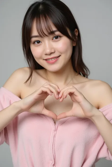 A woman with a cute smile is cute,   fluffy off-shoulder pajamas,   make a big heart with both hands  , Pose with your arms crossed in front of your chest, Look above your neck 、   monotone background  

