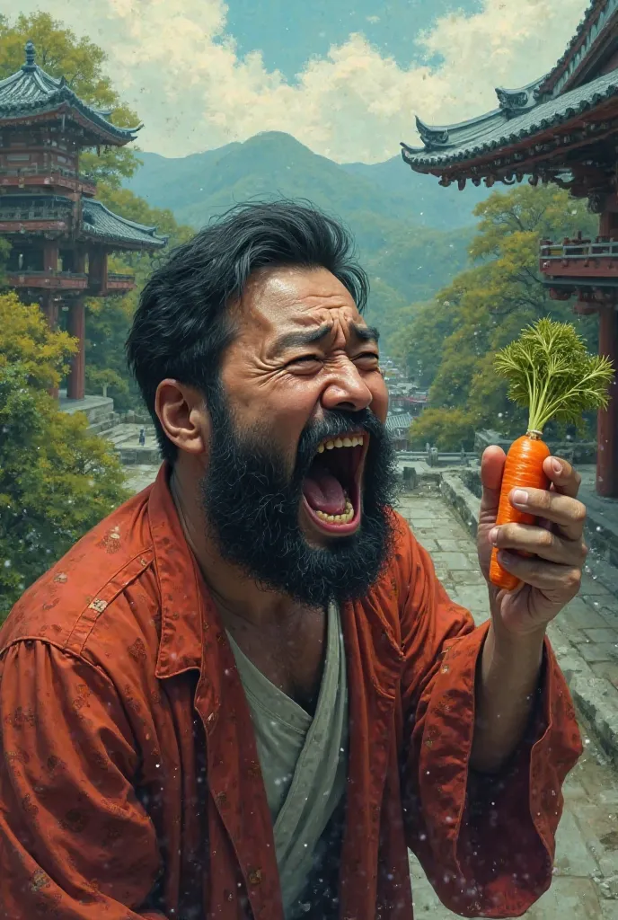 Asian man screaming、 The background is a Japanese landscape、Carrots on the right hand、Japanese、Ding、 has a beard