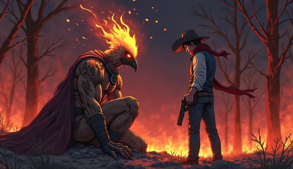 A dramatic anime-style illustration of Blazing Crow, Blazing is a muscular, bird-headed warrior with a cape and a flame-engulfed head, kneeling on the ground of a burned-out forest. His body is covered in scars and the tattered remains of his once-proud ca...