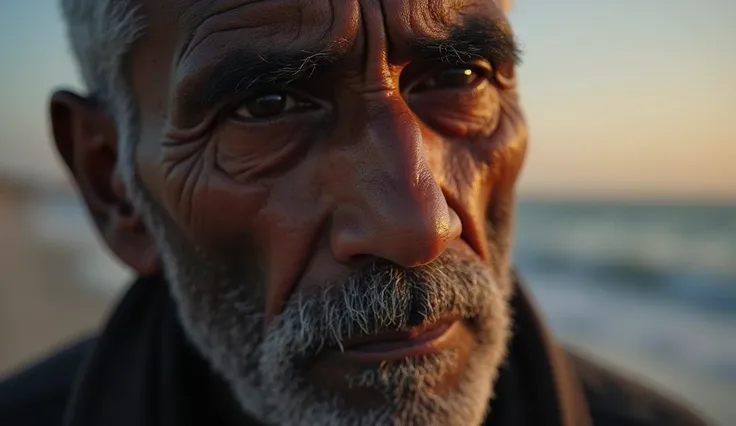 A close-up of Rashad’s face, on the same beach capturing the deep, conflicting emotions of acceptance and fear in his eyes. His weathered features are illuminated by the last traces of fading light, which gradually recede, symbolizing his impending fate. S...