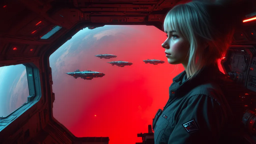 Over-the-shoulder shot, female commander (5’8”, gray hair, gray uniform with insignia) on spaceship bridge, staring at red misty planet through viewport. Ten gray spaceships (150 ft long) descend into red mist, engines glowing white, green lights on bridge...