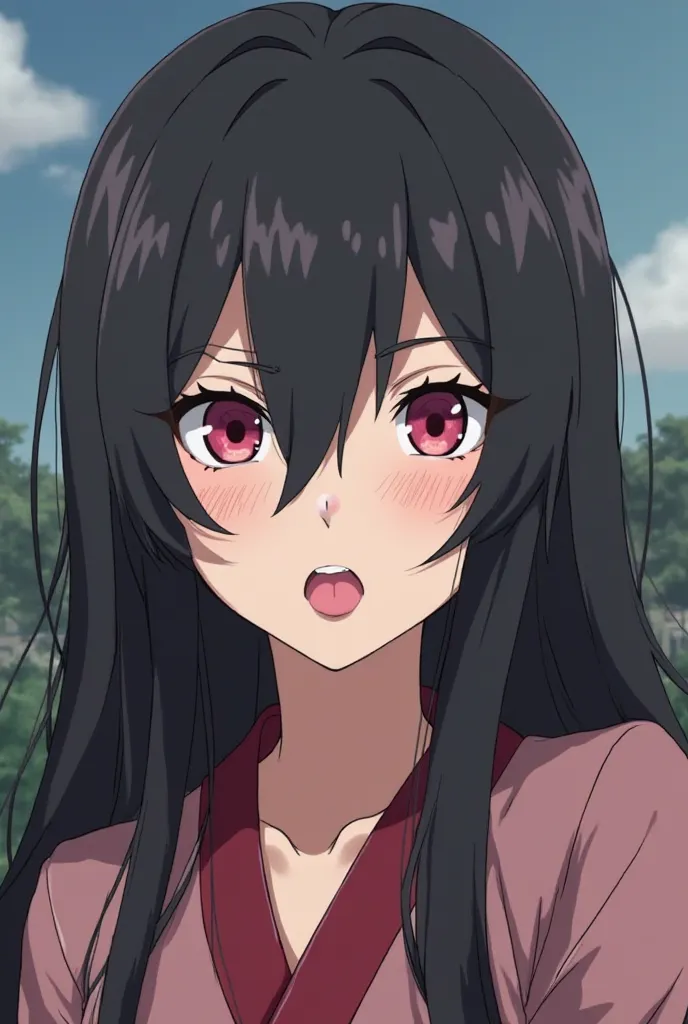 shape Create a woman from an anime type animated series with the band from the village of the leaf of Naruto, who has long, loose black hair, with intense fuchsia eyes,That the character is white sticking out her tongue in a flirty way 