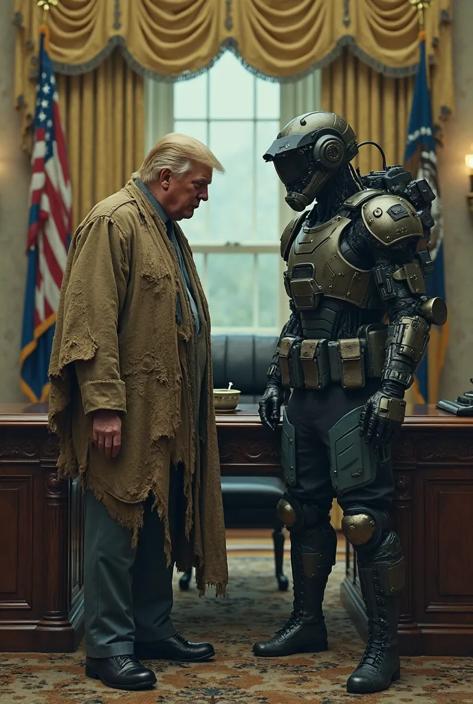 Donald Trump is in rags and malnutritious and Ukraine president Volodymyr Zelensky is a warrior cyborg. They are in a military oval office.