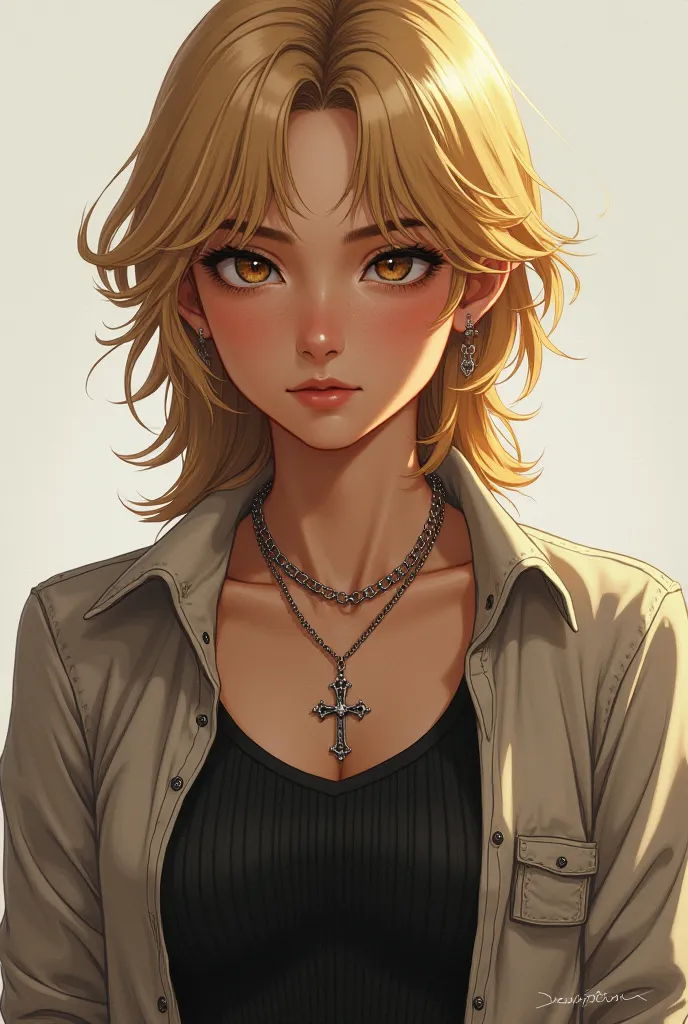 I want a realistic style image. IT'S A 17-YEAR-OLD BOY , with smooth blond mullet-style hair, wears a ribbed tank top and an open-toed dress shirt, she always wears a cross necklace, And she has a silver watch 