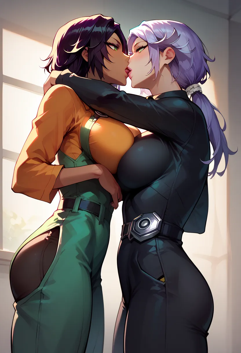 fubuki (one-punch man) black hair, short hair, tight green dress, long sleeves, collared dress, green eyes, perfect large breasts, view from below, sexy pose, dynamic angle Break, perfect lighting, shadows, yoruichi shihouin, long hair, yellow eyes, ponyta...