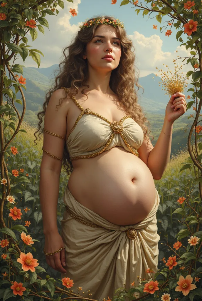 Demeter the goddess of agriculture, harvest, and the earth's fertility with busty breast 