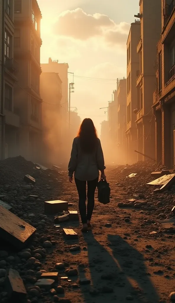 Ultra-realistic first-person image, as if the observer were walking through the wreckage of the city of Hiroshima,  After the explosion .  her hands are visible , perhaps holding a piece of concrete or some object, while the floor is covered with debris, p...