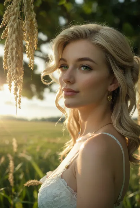 Woman
Wheat blond hair
Bright green eyes
Soft aristocratic facial features