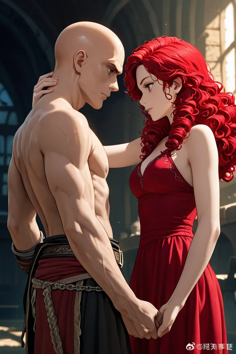 imagine a male, skinny, bald no hair human, rogue, in black pirate clothes, no shirt; hand to hand with a female, redhead, long, curly hair, female, sorcerer in a small red dress. 