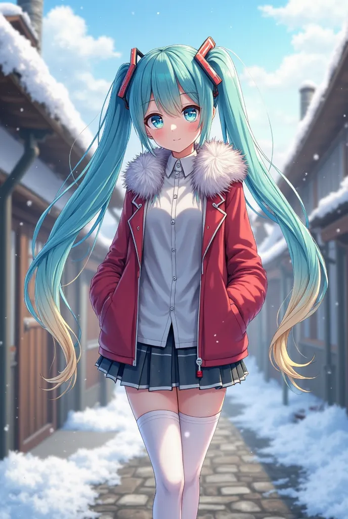  Hatsune Miku,((masterpiece)), (Highest quality), ( exhaustive), (1 person), (Internal Data Stream) light blue gradation hair, Sparkling blue eyes,  straight hair , Wearing a modern white shirt and red coat,  covered with data particles , Locked around the...