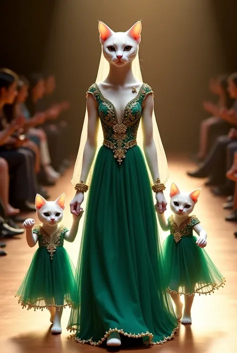 A majestic white cat gracefully walks down the runway, dressed in an enchanting emerald green Anarkali ensemble. Her outfit features a floor-length Anarkali with a fitted bodice, intricately adorned with gold tilla embroidery in delicate floral and vine pa...