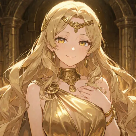 1 woman, blonde wavy hair, gold dress from the ancient Greece, gold bracelets, gold eyes, mature female, mature body and face, gold hair clips, smiling  