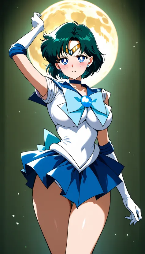 masterpiece,  best quality , alone, sailor mercury　fully wearing clothes　 big breasts　 No.　 Action Pose 　  serious expression　 night 　 night 空　  full moon