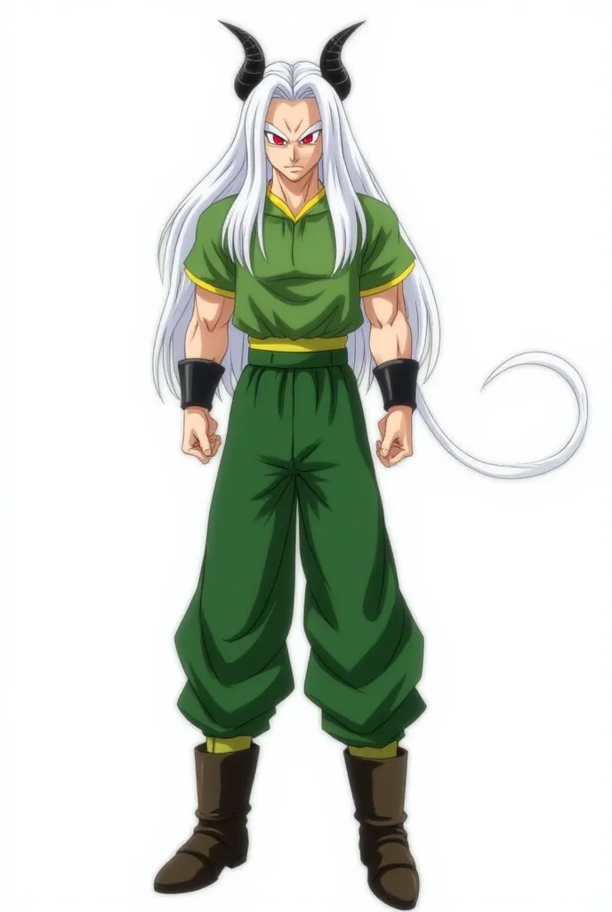 1boy boots closed_mouth dragon_ball dragon_ball_super green_pants green_shirt highres horns long_hair pants pectorals red_eyes shirt solo transparent_background very_long_hair white_hair zaiko_(dragon_ball) an anime character with white hair and horns, off...