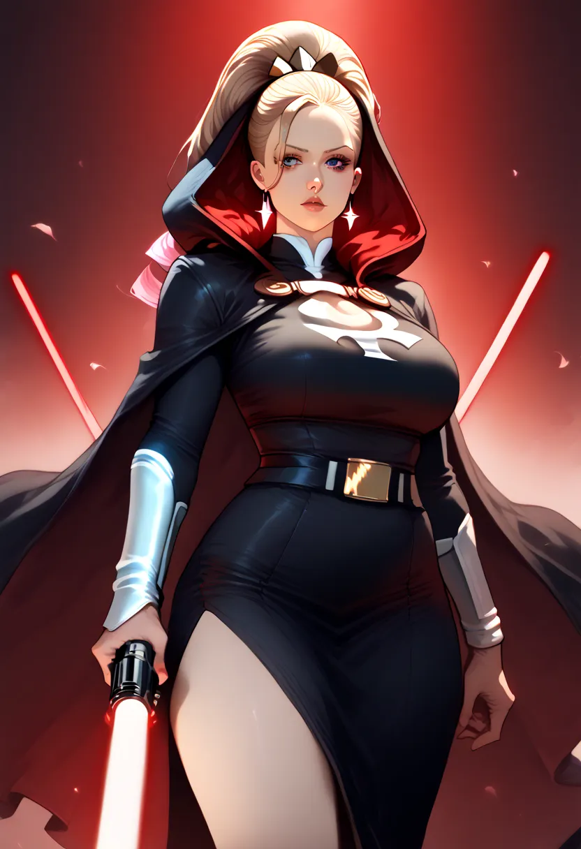 Arafada woman with a black robe and a red light sabre, wearing black uniform, , lord, wearing black robes, wearing hood, with lightsaber,  Ariana Grande as a  , holding a red lightsaber, Ww a Sorcerer, lord. dramatic lighting, without lightsaber, with ligh...